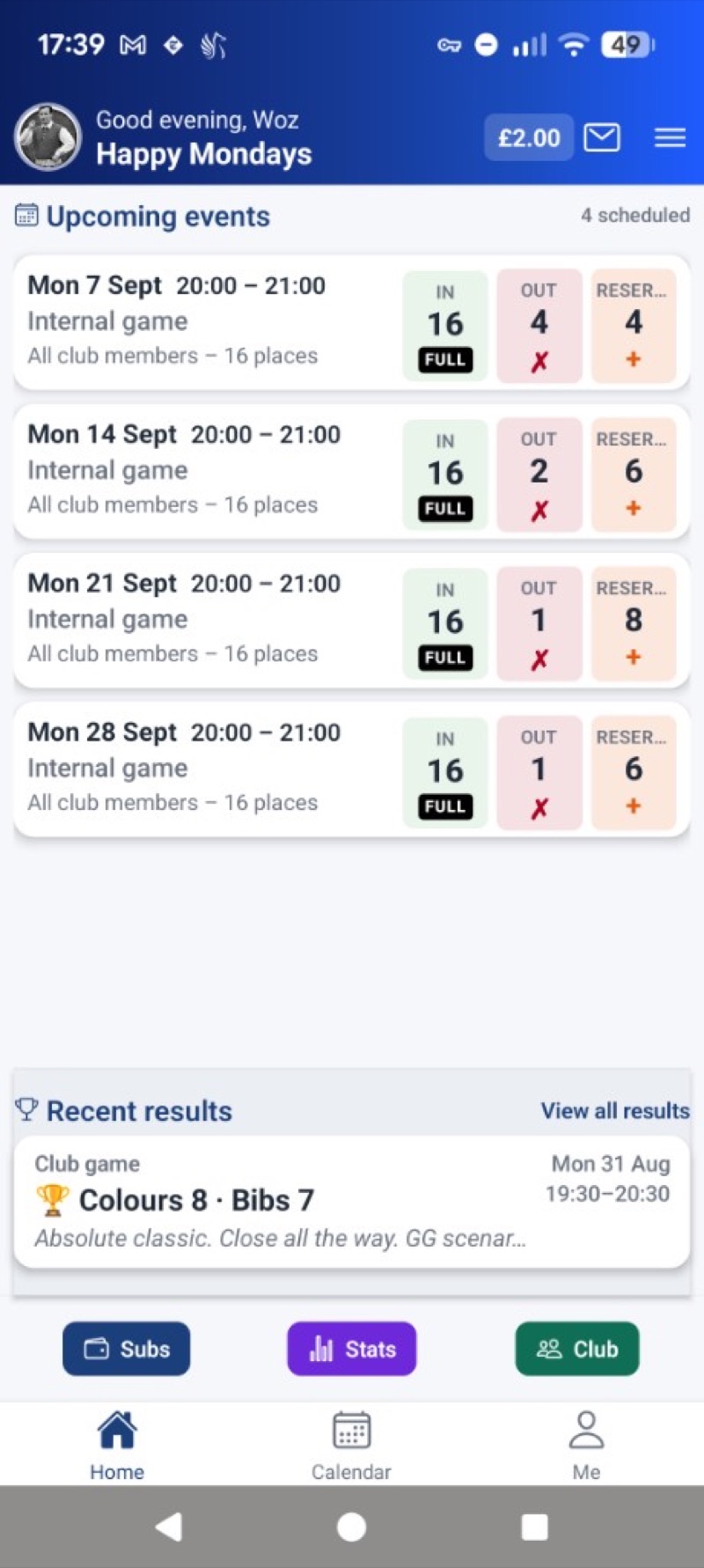 TeemEzy app — club home and upcoming sessions